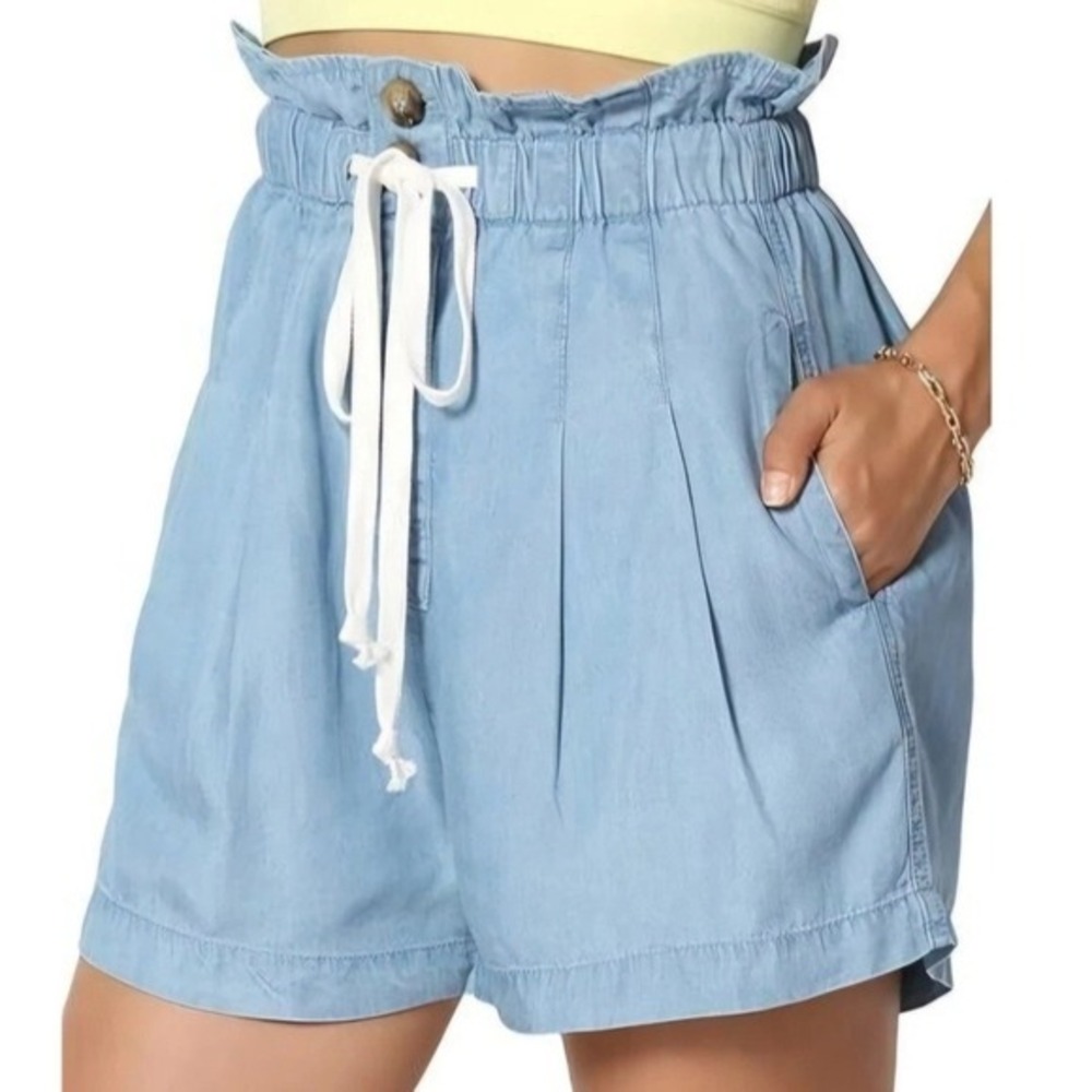 Zenana Paperbag Waist Shorts Blue Size Large Drawstring Elastic Waist‎ Pockets